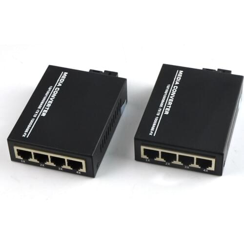 1 Pair 10/100/1000Mbps Fiber Optic Ethernet Media Converter Gigabit Single Mode Single Fiber with 4 RJ45 Port and 1 SC Port