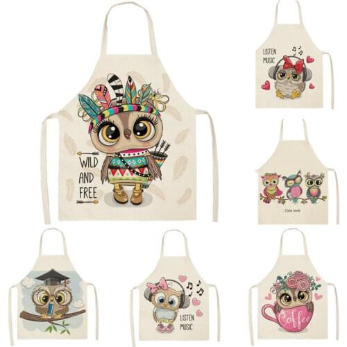 1PC Owl Cotton Sleeveless Apron Linen Flower Printed Kitchen Brief Pinafore Women Home Cooking Baking Waist Bib 53*65cm WQL0148