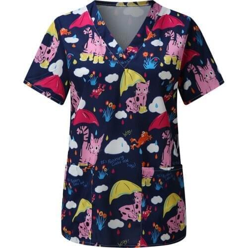 Cartoon Cat Print Nursing Uniform Women Animal Printed Casual Short Sleeve Vneck Carer Top woman Nurse Working Uniforms Supplies