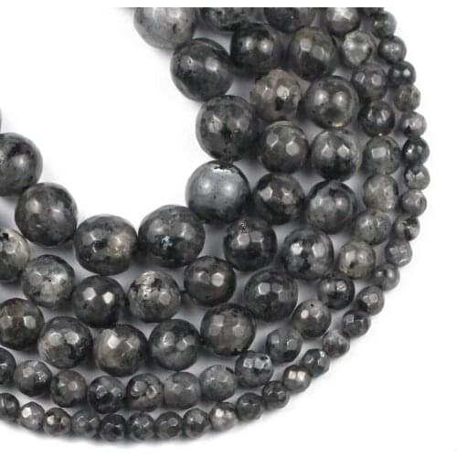 Faceted Black Labradorite Larvikite Natural Stone Spacer Round Loose beads for Jewelry making DIY bracelests Necklace 4/6/8/10MM