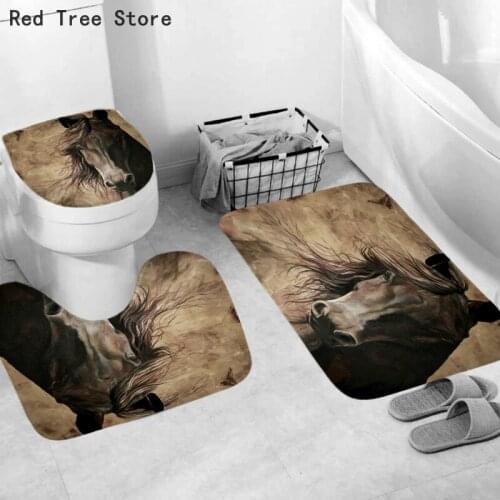 3 Pieces Horse HD Bathroom Anti-slip Mat Set Toilet Floor Carpet Flannel Non-slip Shower Lid Cover Household Shower Home Textile