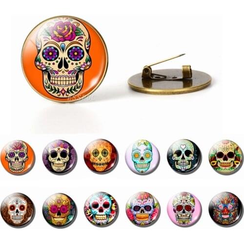 Nightmare Before Christmas Sugar Skull Day of The Dead Brooches Glass Cabochon Jewelry Bronze Brooch Pins Happy Halloween Gift