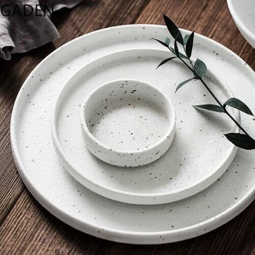 Japanese-style Tableware Set Bowls and Plates Round White Ink Point Dinner Plates Home Creative Western Dishes Dinner Plates
