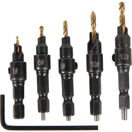 5pcs Countersink Drill Woodworking Drill Bit Set Drilling Pilot Holes for Screw Sizes #5 #6 #8 #10 #12 with A Wrench Tools