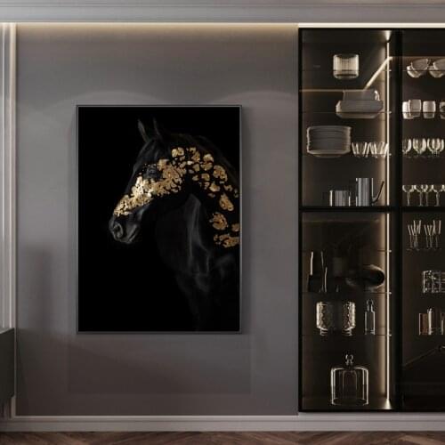 Black Horse Wall Art Canvas Poster Golden Modern Noble Animal Prints Art Painting for Living Room Wall Home Decoration Pictures