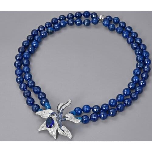 20'' 2 Rows Blue Agate Necklace CZ Flower Pendant