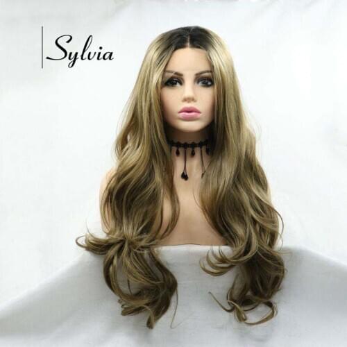 Sylvia Synthetic Ombre Brown Lace Front Wigs With Dark Roots Long Wavy Heat Resistant Fiber Middle Part