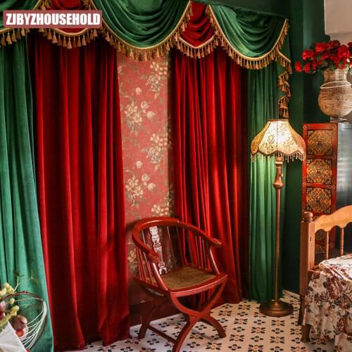 Luxury European-style Solid Color Curtains for Living Room High-end Velvet Villa Bedroom Window Stitching Red and Green Curtain