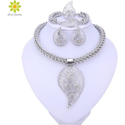Bridal African Beads Jewelry Sets For Women Silver Color Crystal Necklace Earrings Bracelet Ring Accessories