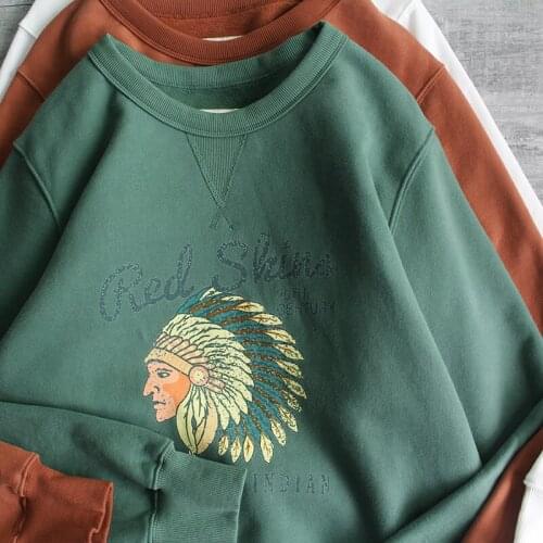 American Retro Thickened Printed Hoodies Mens Pure Cotton Washed Old Round Neck Pullover Knitted Long-sleeved Casual Sportwear