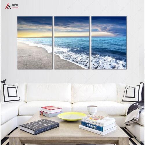 Triptych wall art canvas prints home decoration Sunset and waves beach Modular pictures posters and nordic Decorations for aqu