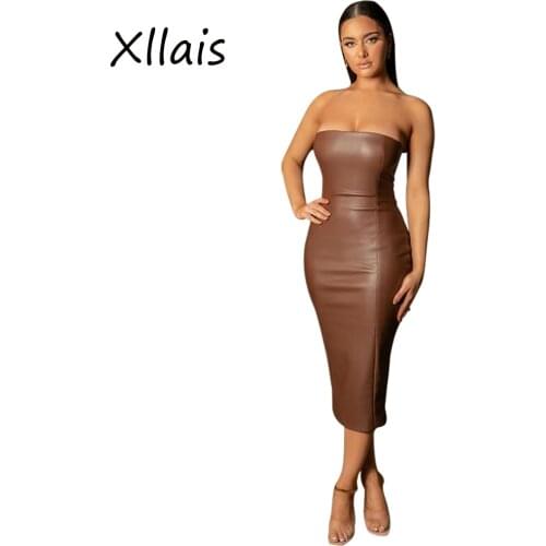 XLLAIS PU Leather Brown Party One Piece Dresses Women Sexy Strapless Split Bodycon Vestidos Lady High Street Zipper Robe Clothes