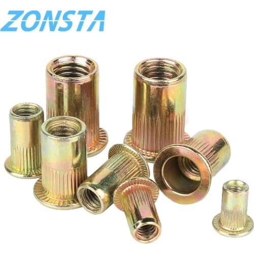 Rivet Nut M3 M4 M5 M6 M8 M10 M12 Flat Head Threaded Rivet Insert Nutsert Carbon Steel Color Zine Knurled Nuts Rivnut