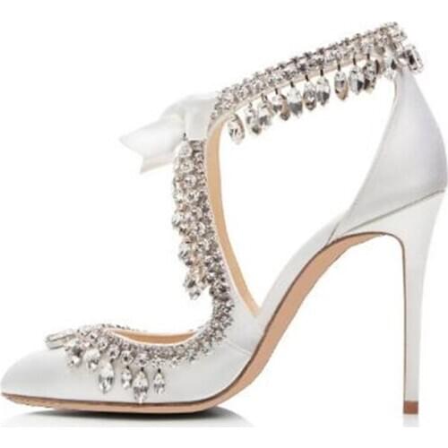 Crystal Women Shoes Cut Out Tie Up Stiletto High Heel Cover Heel Pumps Bride Ladies Shoes Pointed Toe Summer Sandals