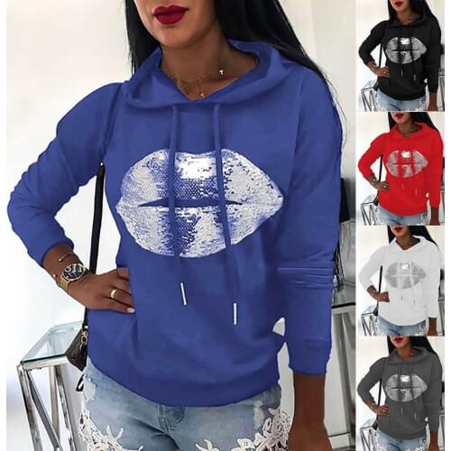 @ Oversize Lion Cartoon Print Hoodie Women Lip Sweatshirt Long Sleeve Pocket Pullover Hooded Tunic Autumn Pullover Pure Tops