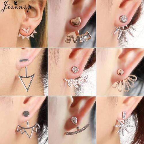 Jisensp Trendy CZ Curved Geometric Earrings Ear Jackets for Women Elegant Double Sided Ear Studs Girls New Year Boucle D'oreille