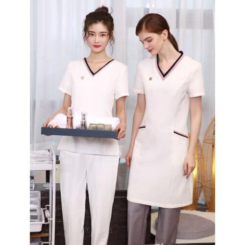 2021 Short Sleeve White Dress and Pants Set High Quality Elegant Beauty Salon Workwear Female Comfortable Uniforms Free Shipping