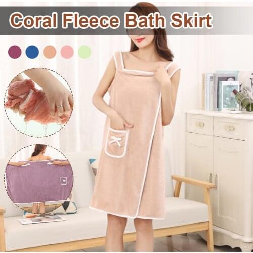 Bath Towel Wrap for Women Wearable Coral Fleece Bathrobes Nightgown with Pocket Snap-Fastener for Spa Gym Beach Pool Sling