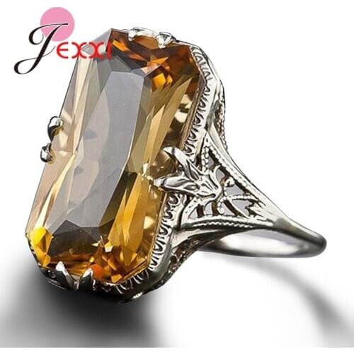 Vintage Royal Carving Square Yellow Crystal Cubic Zircon Gemstones Rings For Women Antique Silver Jewelry Bijoux Accessories
