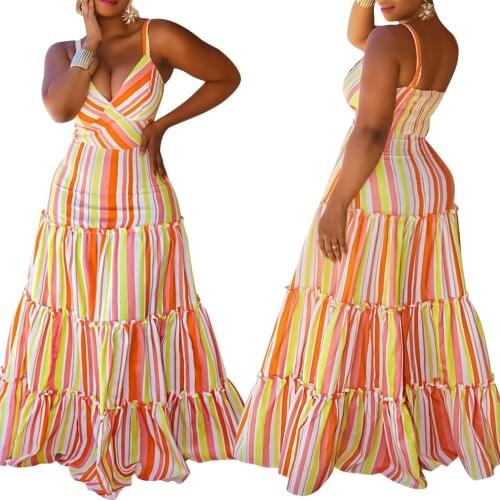 Cutubly Sexy Straps Elegant Dress Striped Printing Club Dresses For Women Pleated Floor-length V Neck Vintage Summer Vestidos
