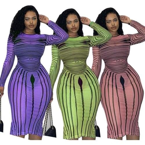 Mesh Sheer Striped Party Dresses for Women Elegant Sheath Long Sleeve Bodycon Dress Sexy Night Out Club Midi Dress Robe Femme