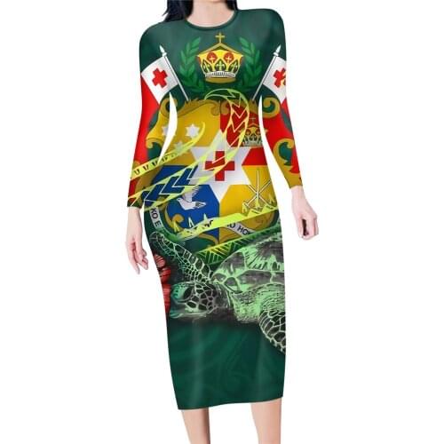 Noisydesigns Vintage Sexy Women Casual Long Tops Pencil Dress Polynesian Tonga Sea Turtle Prints Club Party Ladies Bodycon Ropa