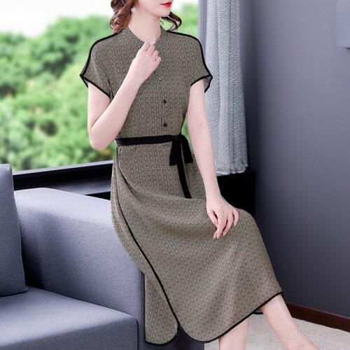 Summer Vintage Casual Print Mulberry Silk Shirt Dress 2021 Women 4XL Plus Size Chiffon Midi Dress Elegant Bodycon Party Vestidos