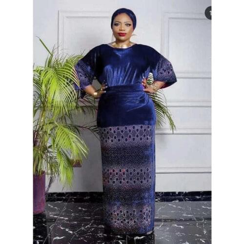 2020 African Dress for Woman Velvet Dress New Flannel Hot rhinestone split Dress+belt+bandana three pcs Big Size