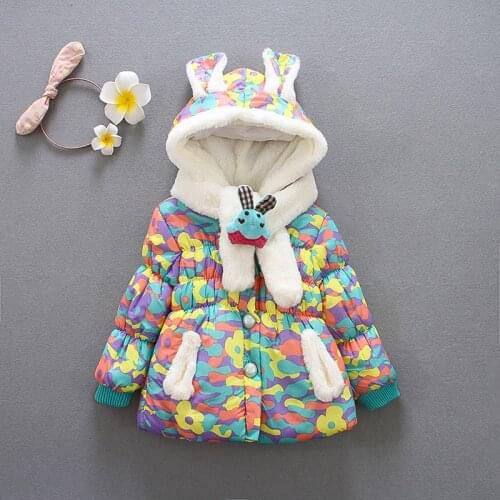 2020 Winter Thick Coat Girls Cute Rabbit Ears Hooded Camouflage Print With Scarf Outerwear Baby Childrens Down Jacket Clothing