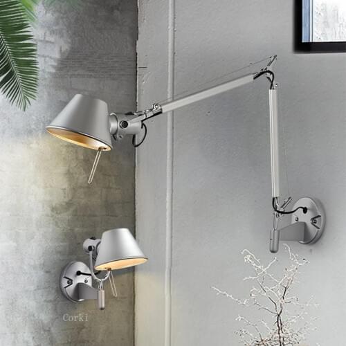 American Industrial Wall Light Black Silver E27 Rotatable Long Arm Wall LampS with Switch Bedside Bedroom Lamp Study Living Room