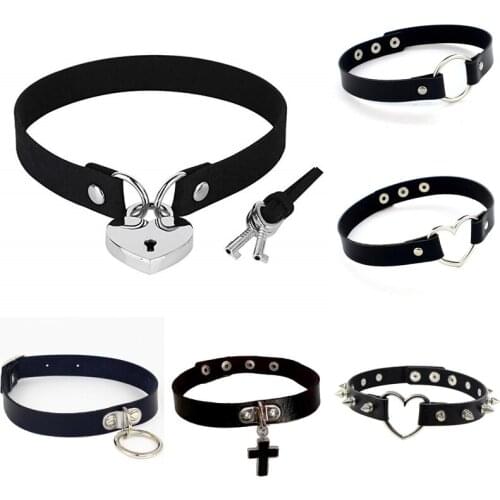 Black Spike Rivet Punk Sexy Gothic Pu Leather Heart Cross Choker Necklace on Neck Round Collar Necklaces Harajuku Women Jewelry