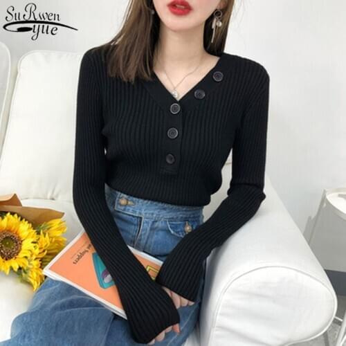 Long Sleeve Slim Gentle Womens Knitwear with Button Sweater Women V-neck Sweater Autumn and Winter New Style KNITWEATER 10807