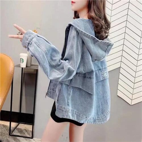 Denim Jacket Women Korean Loose Casual Harajuku Jeans Coat 2021 Spring Clothing Vintage Zipper Pocket Hooded Wild Female Outwear