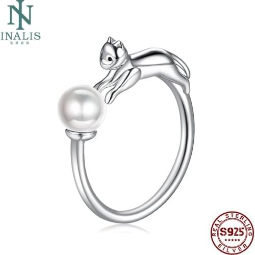 INALIS Silver S925 Women Rings Cute Cat with Shell Pearl Ball Free Size Open Ring Match Wedding Gift Boutique Jewelry Genuine