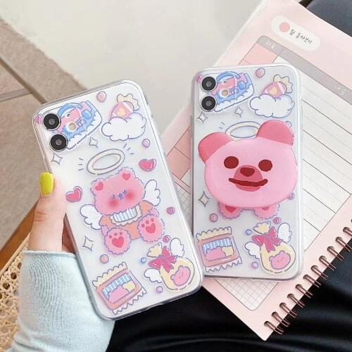 INS Angel Pink Pink Bear Stand holder Cute Cartoon soft phone case for iphone X XR XS 11PRO MAX 7 8 plus Clear Back cover coque