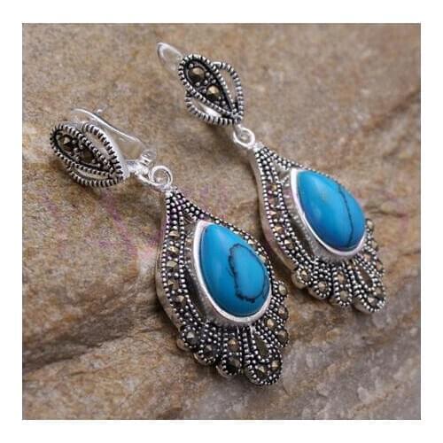 Fine round Natural Turquoise bead silver hook earrings Vintage style