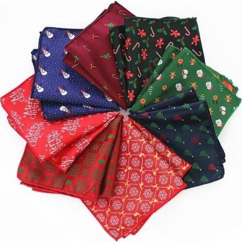 KAMBERFT New Design 23*23cm Mens Silk Handkerchief Red Christmas Tree Snowmen Jucquard Pocket Square Wedding Christmas Gift