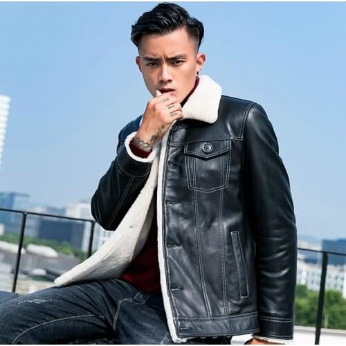 Genuine Leather Jacket Men Sheep Shearing Real Fur Coat Winter Jacket Mens Vintage Motorcycle Warm Wool Jackets Casaco YY865