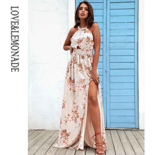 LOVE&LEMONADE Halter Cut-Out A-Line Light Yellow Print Chiffon Beach Split Maxi Dress LM83459