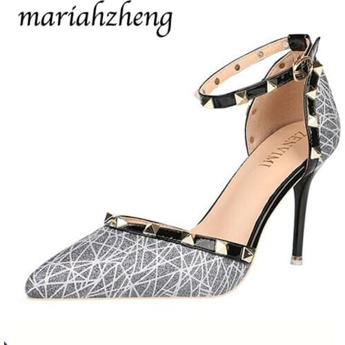 Meriahzheng 9CM Fashion Rivet Womens Sandals with Pointed Toe and Shallow Mouth Singles Shoes Party High Heel Womens Shoes LBZ