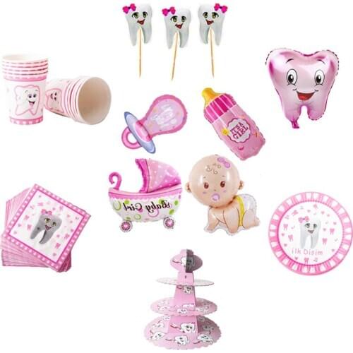 Baby First Tooth Theme Party Disposable Tableware Set Pink Paper Plate Cup Baby Shower Girl Toothed Party Supply Decorations