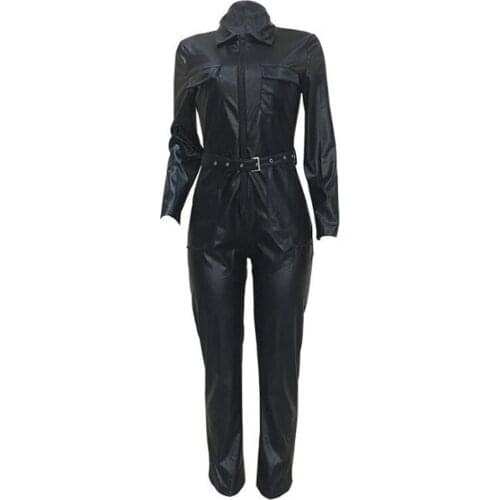Faux Leather Bodycon Jumpsuit Plus Size Sexy Solid Black Clubwear Party Zipper Long Sleeve Rompers Womens Jumpsuit Overalls