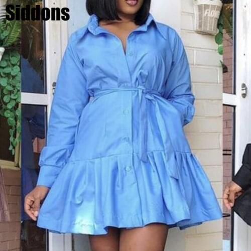 Women Long Sleeve Shirt Dresses Button Up with Waist Belt Mini Dress Office Ladies Work Wear Robes Female African