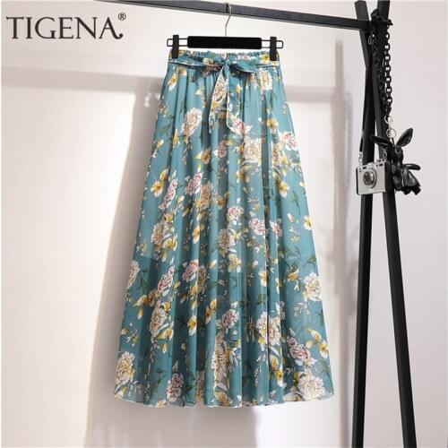 TIGENA Floral Print Chiffon Long Skirt Women Fashion 2021 Summer Belt A Line High Waist Pleated Skirt Female Aesthetic Skirt
