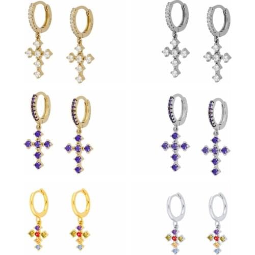 925 Sterling Silver Rainbow/Purple/White Zircon Cross Pendant Hoop Earrings for Women Simple Circle Earring Fashion Jewelry 2021