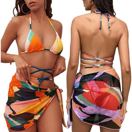 Lady Halter Bikini + Skirt, Adjustable Strap Design, Color Block Print Sexy V-neck Summer Clothing