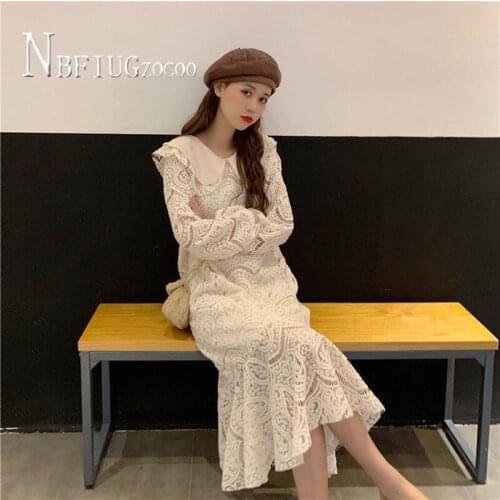 2020 Spring Autumn Sweet Peter Pan Collar Women Dress Lace Hollow Long Style Female Dresses