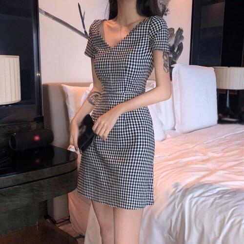 Summer Casual Dress Women V-Neck Tighten Waist Plaid Print Fashion Short Sleeve Dress