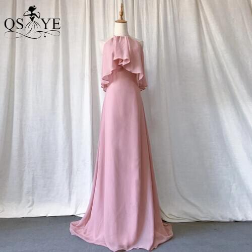 QSYYE Pink Prom Dresses Halter Neck Simple Chiffon Evening Dress Semi A line Party Formal Gowns Blush Bridesmaid Dress