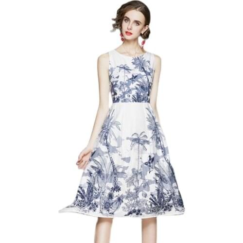 BunniesFairy 2021 Summer Women Elegant Vintage Retro Ink Painting Flower Floral Print High Waist Tank Dress Sleeveless Vestidos